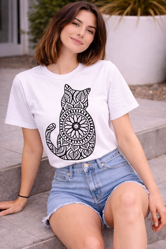 Minimal Mandala Cat Graphic T-Shirt for Women | Aesthetic White Cotton Tee by Pd Clori
