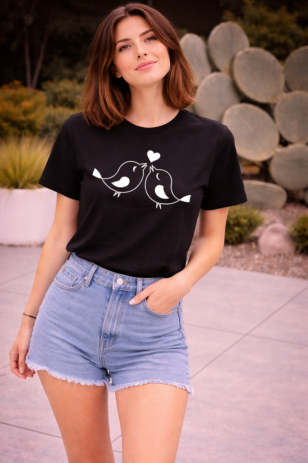 Minimal Love Birds Graphic T-Shirt for Women | Cute Aesthetic Cotton Tee by Pd Clori