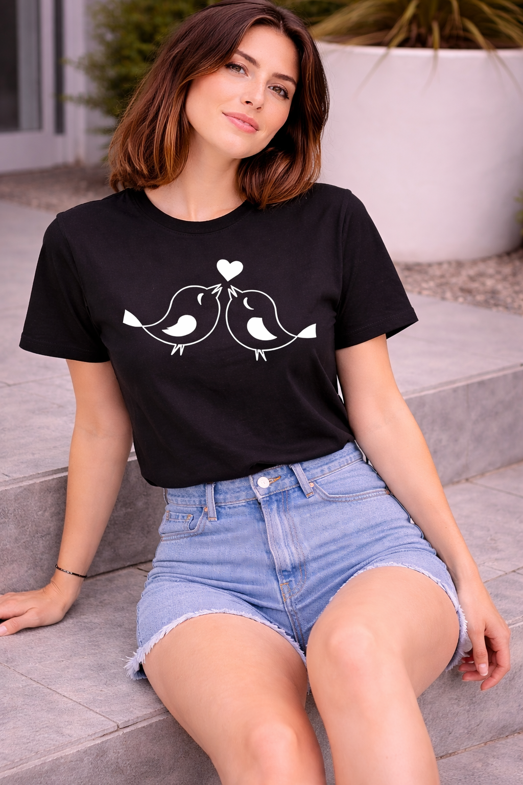 Minimal Love Birds Graphic T-Shirt for Women | Cute Aesthetic Cotton Tee by Pd Clori