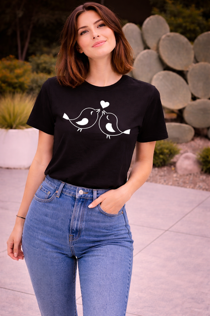 Minimal Love Birds Graphic T-Shirt for Women | Cute Aesthetic Cotton Tee by Pd Clori
