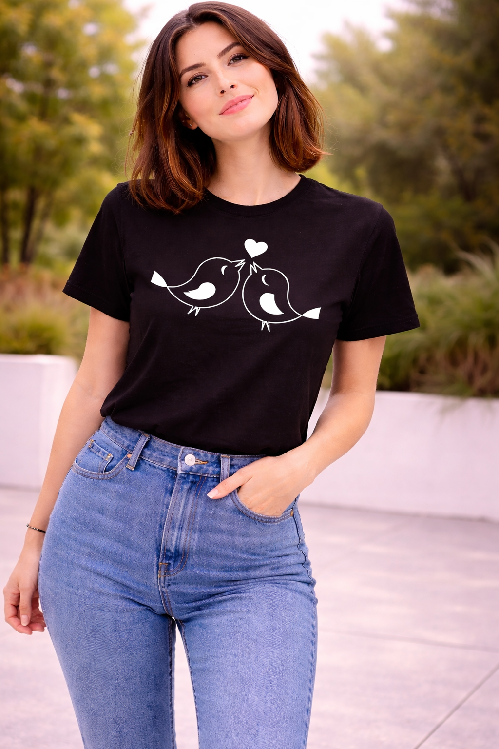 Minimal Love Birds Graphic T-Shirt for Women | Cute Aesthetic Cotton Tee by Pd Clori