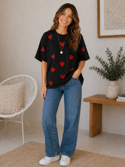 Minimal Heart Print Oversized T-Shirt for Women | Soft Cotton Casual Tee