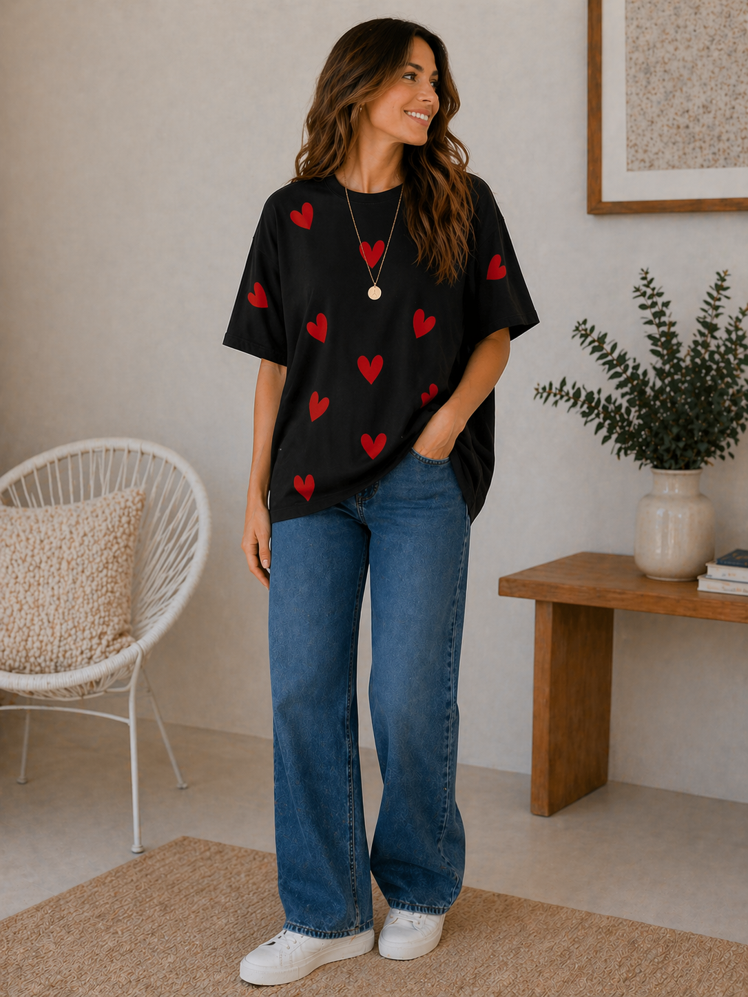 Minimal Heart Print Oversized T-Shirt for Women | Soft Cotton Casual Tee