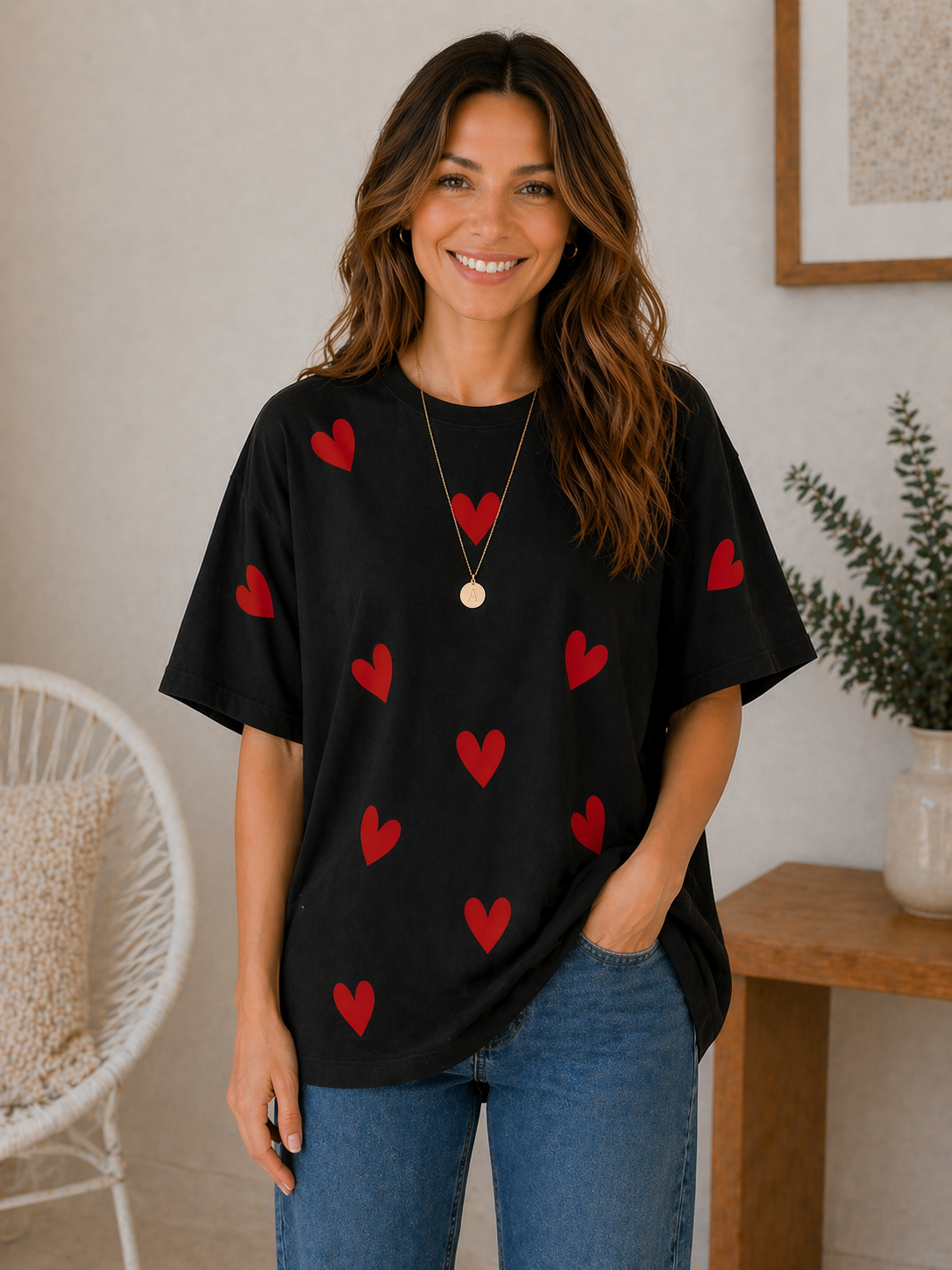 Minimal Heart Print Oversized T-Shirt for Women | Soft Cotton Casual Tee