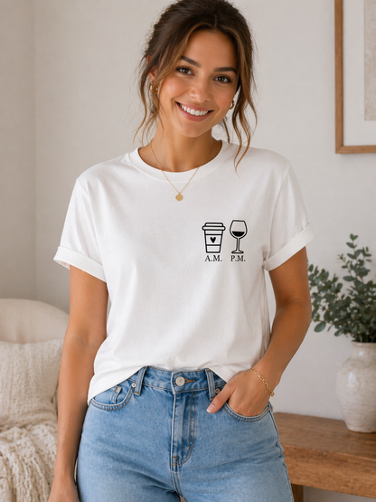 A.M. to P.M. Coffee & Wine Graphic White T-Shirt for Women | Minimal Chic by Pd Clori
