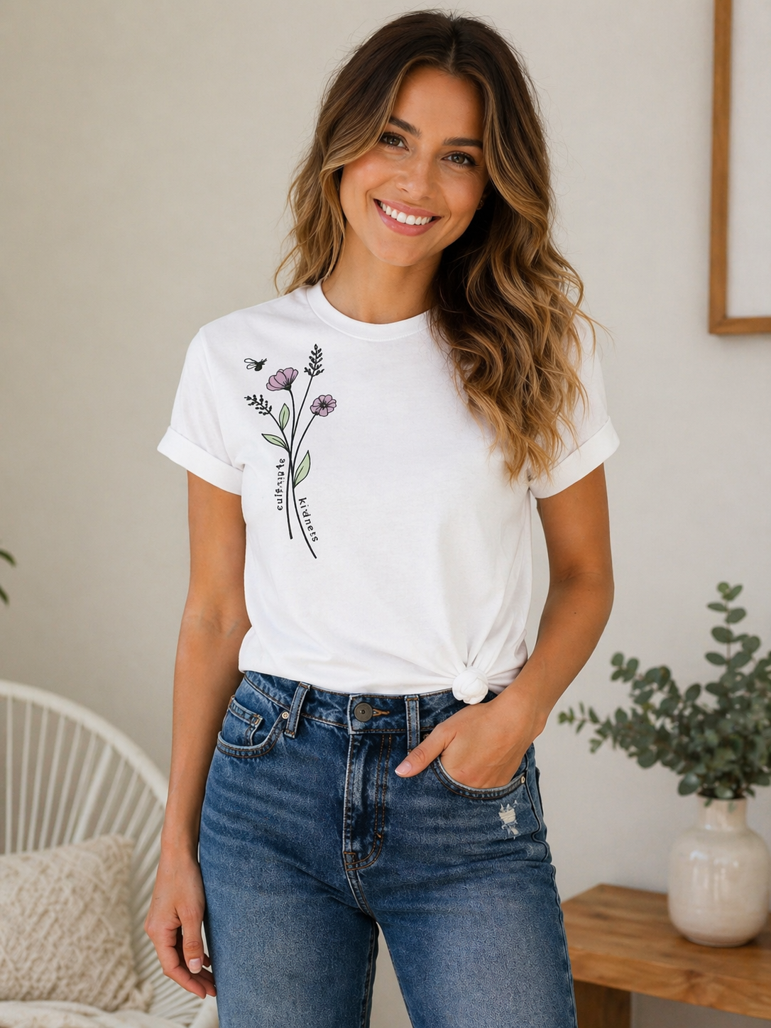 Minimal Floral Line Art Black T-Shirt for Women | Elegant Everyday Style by Pd Clori