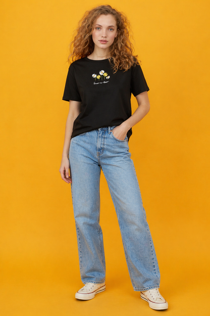 Minimal Floral Graphic Black T-Shirt for Women