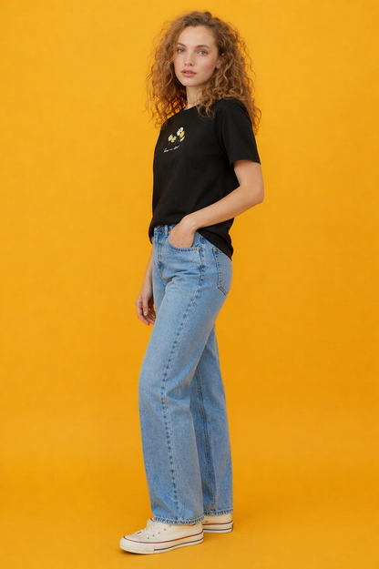 Minimal Floral Graphic Black T-Shirt for Women