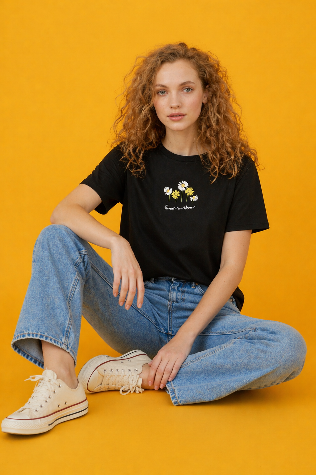 Minimal Floral Graphic Black T-Shirt for Women