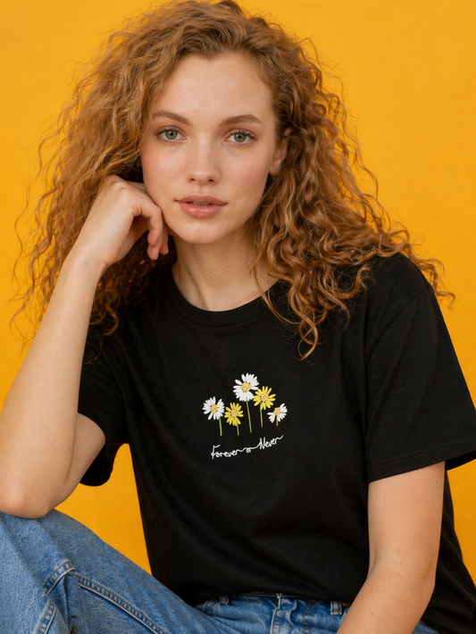 Minimal Floral Graphic Black T-Shirt for Women