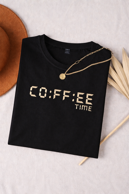 Coffee Time Black Graphic T-Shirt for Women | Minimal Aesthetic Tee by Pd Clori