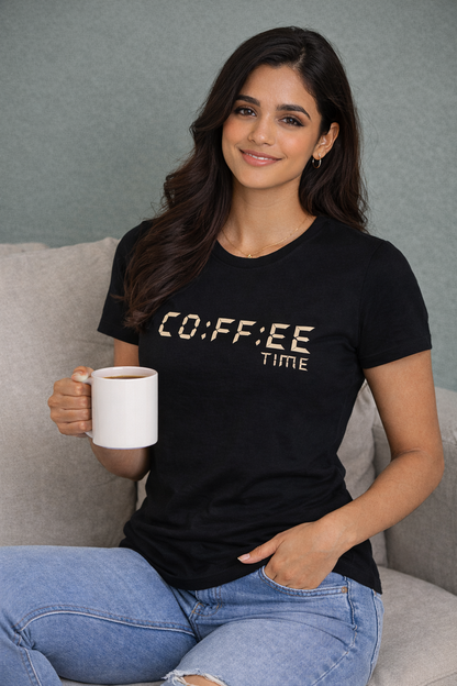 Coffee Time Black Graphic T-Shirt for Women | Minimal Aesthetic Tee by Pd Clori