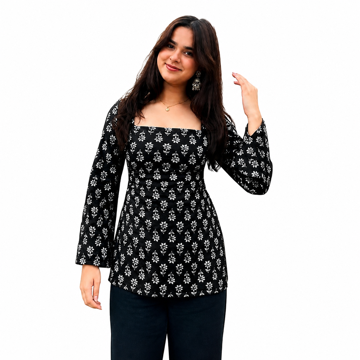 Women’s Black Floral Printed Square Neck Peplum Top – Stylish Long Sleeve Casual Top
