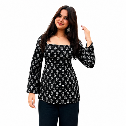 Women’s Black Floral Printed Square Neck Peplum Top – Stylish Long Sleeve Casual Top