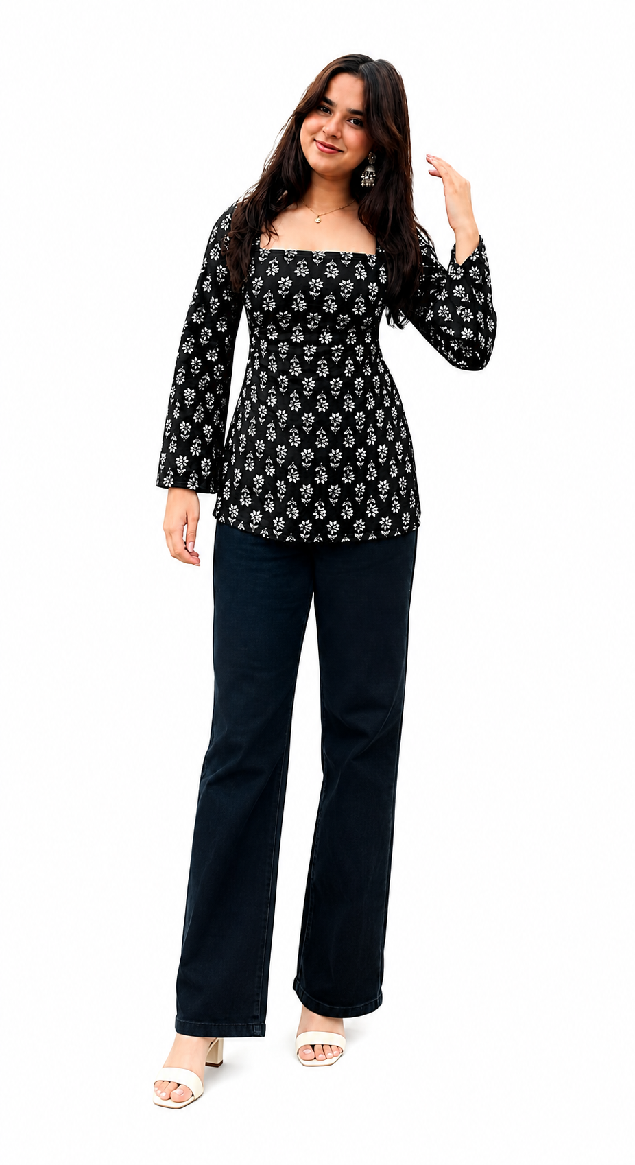 Women’s Black Floral Printed Square Neck Peplum Top – Stylish Long Sleeve Casual Top