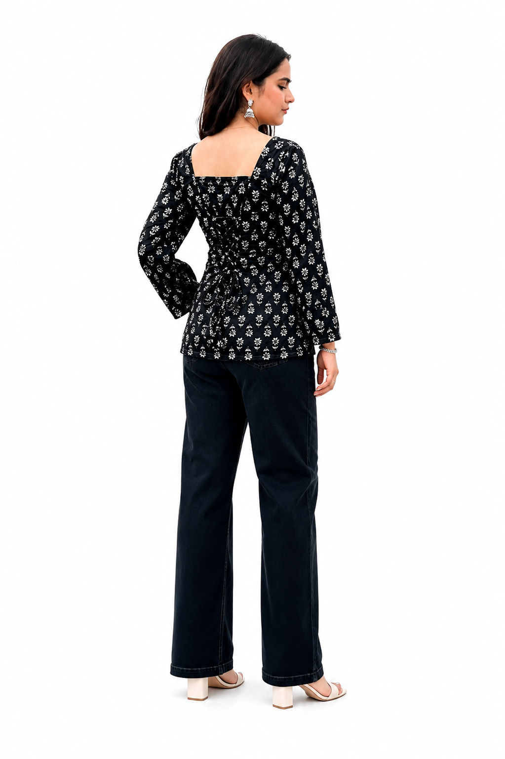 Women’s Black Floral Printed Square Neck Peplum Top – Stylish Long Sleeve Casual Top
