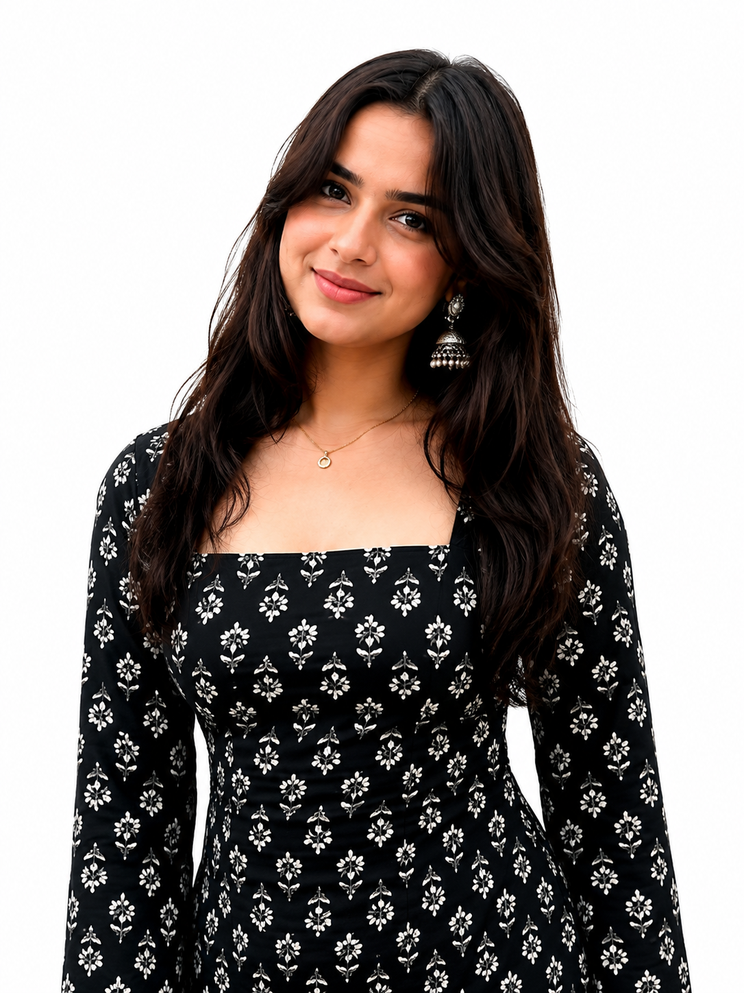 Women’s Black Floral Printed Square Neck Peplum Top – Stylish Long Sleeve Casual Top
