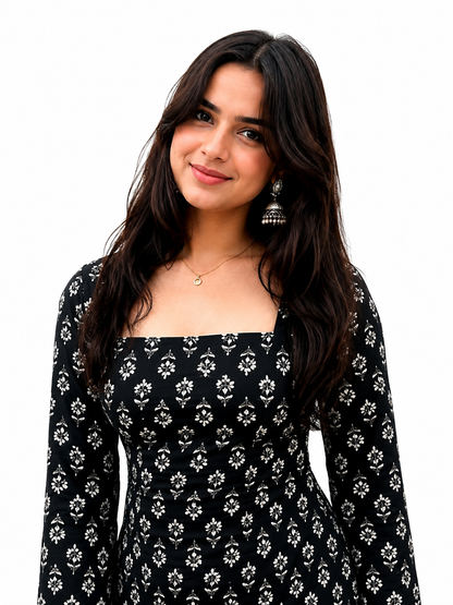 Women’s Black Floral Printed Square Neck Peplum Top – Stylish Long Sleeve Casual Top
