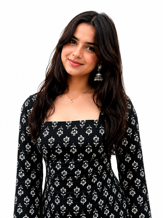 Women’s Black Floral Printed Square Neck Peplum Top – Stylish Long Sleeve Casual Top