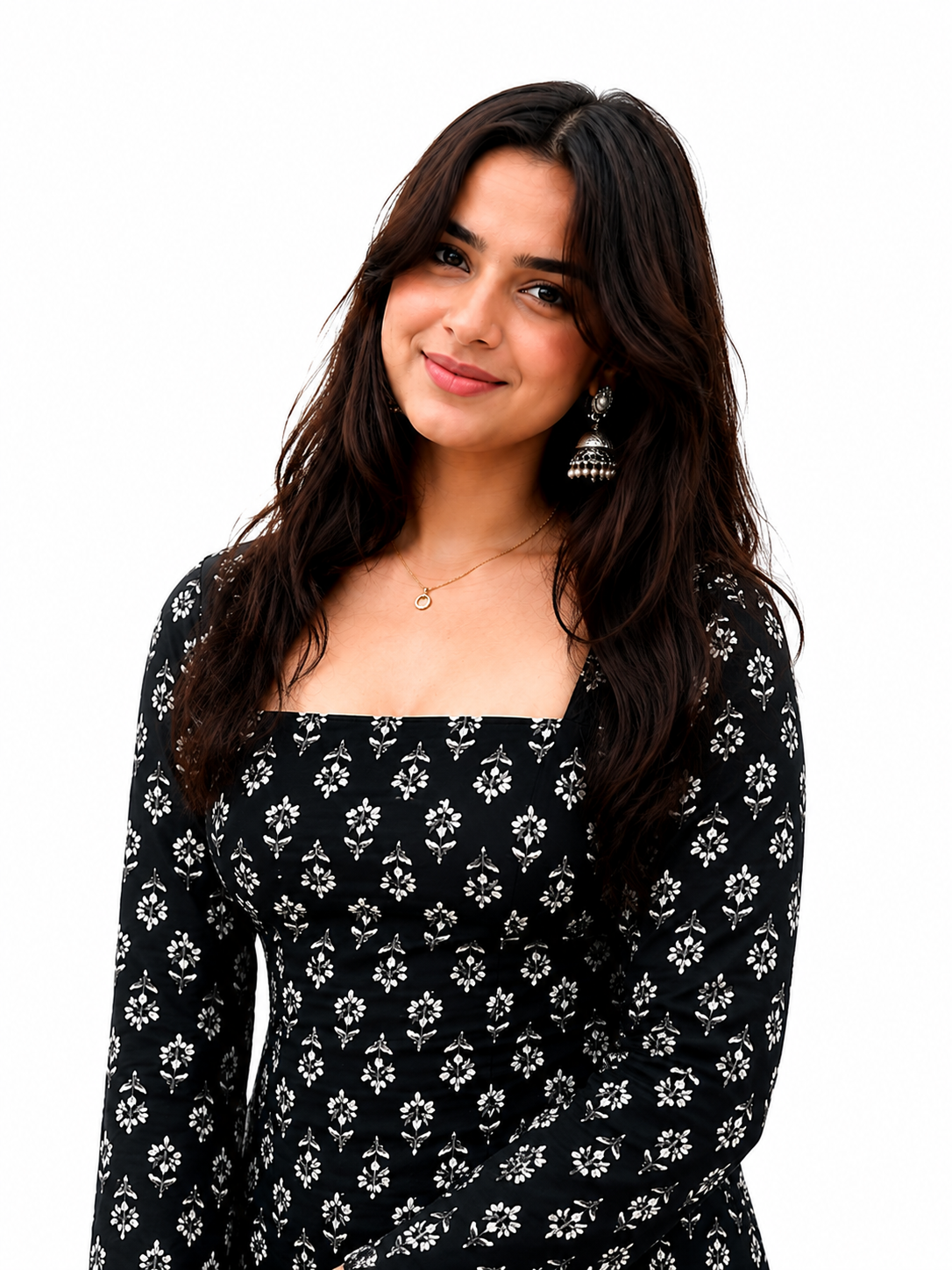 Women’s Black Floral Printed Square Neck Peplum Top – Stylish Long Sleeve Casual Top