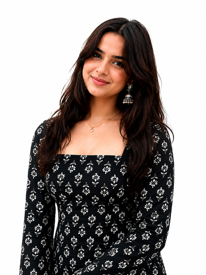 Women’s Black Floral Printed Square Neck Peplum Top – Stylish Long Sleeve Casual Top