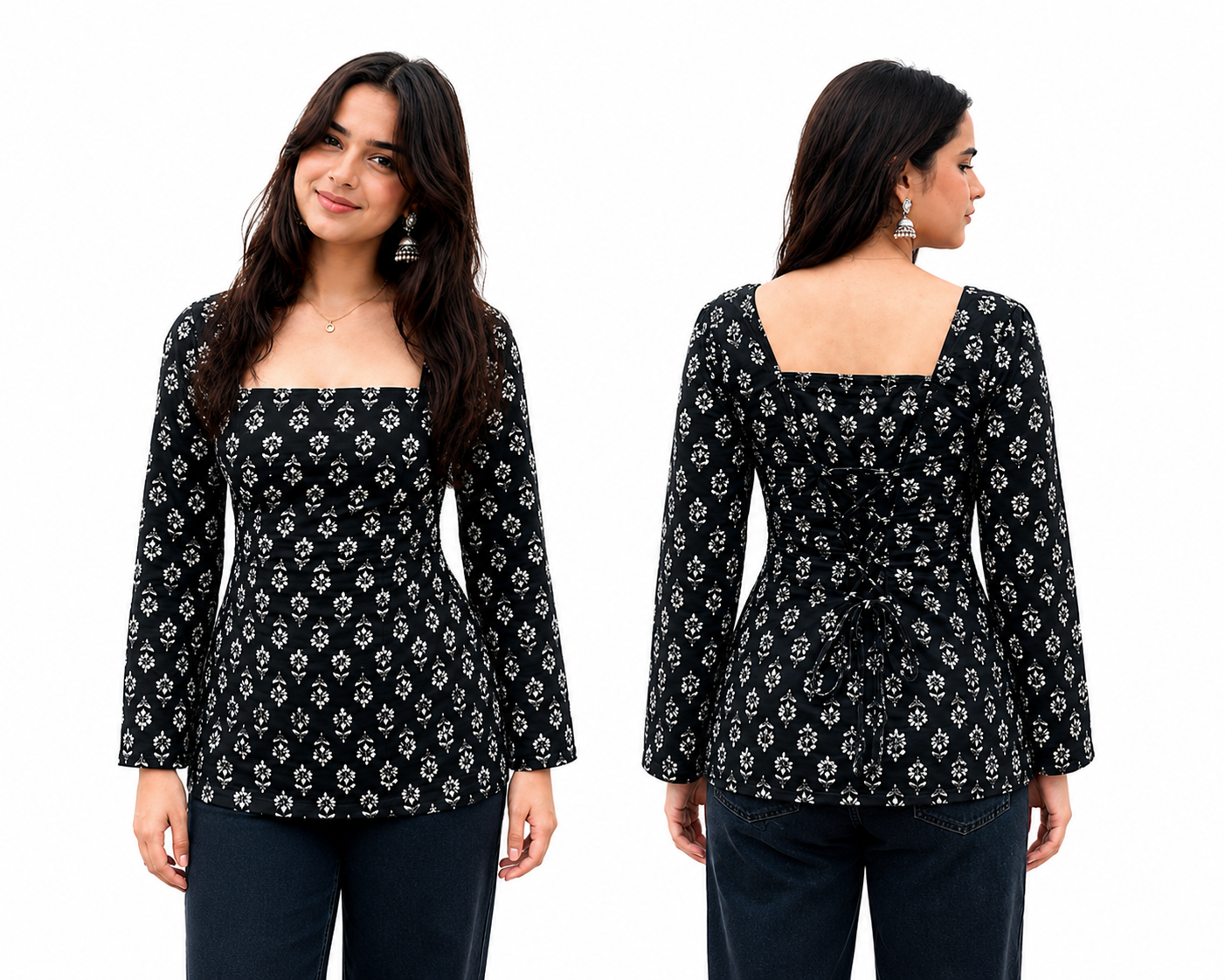 Women’s Black Floral Printed Square Neck Peplum Top – Stylish Long Sleeve Casual Top
