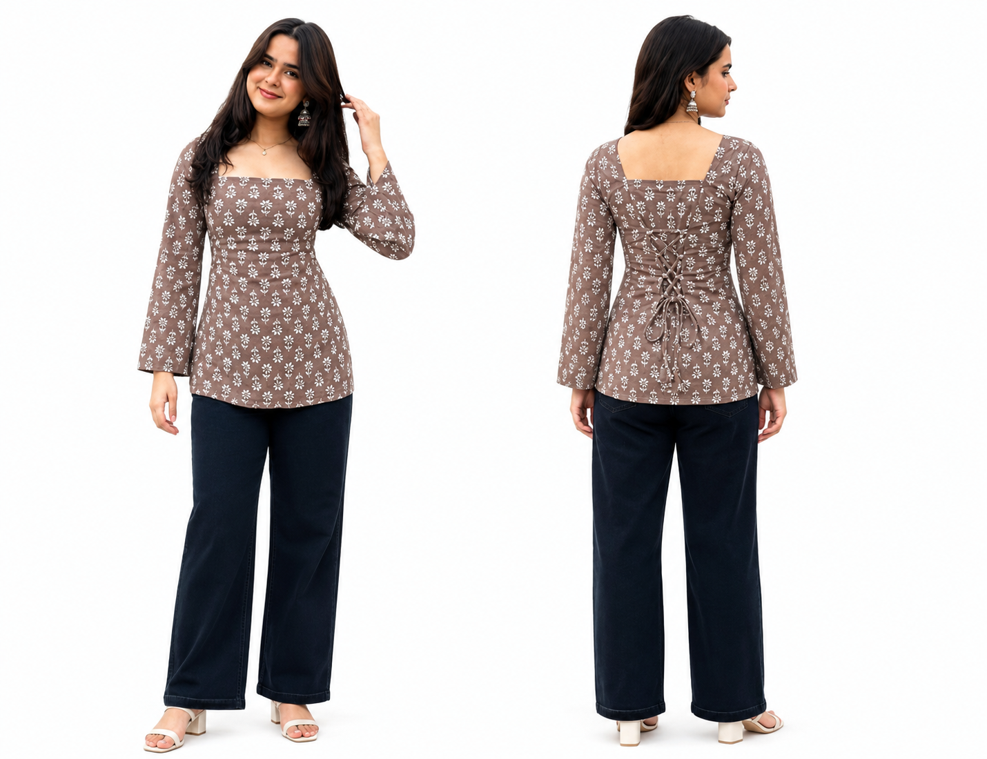 Women’s Floral Printed Square Neck Peplum Top – Elegant Casual Long Sleeve Top