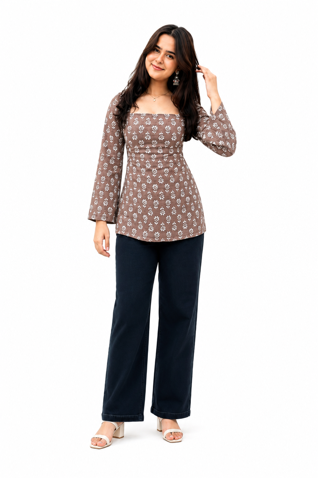 Women’s Floral Printed Square Neck Peplum Top – Elegant Casual Long Sleeve Top