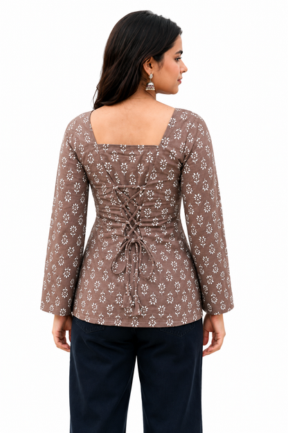 Women’s Floral Printed Square Neck Peplum Top – Elegant Casual Long Sleeve Top