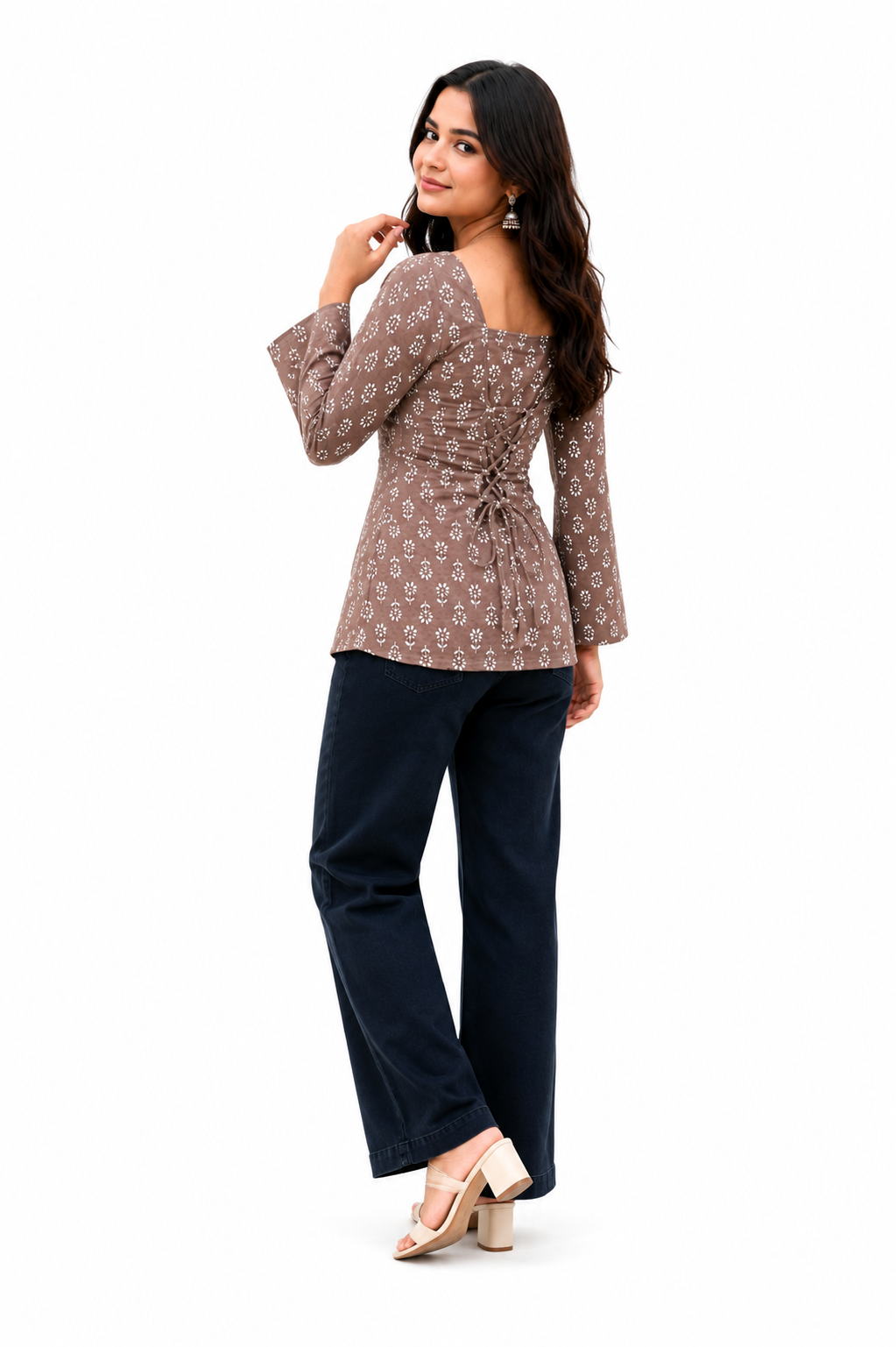 Women’s Floral Printed Square Neck Peplum Top – Elegant Casual Long Sleeve Top