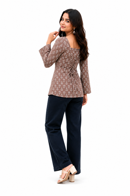Women’s Floral Printed Square Neck Peplum Top – Elegant Casual Long Sleeve Top