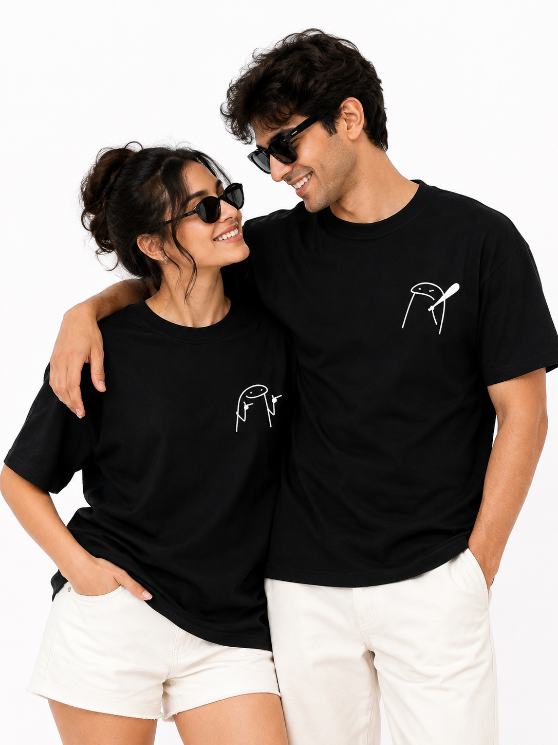 Unisex Black Couple Printed T-Shirt – Minimal Cartoon Graphic Tee