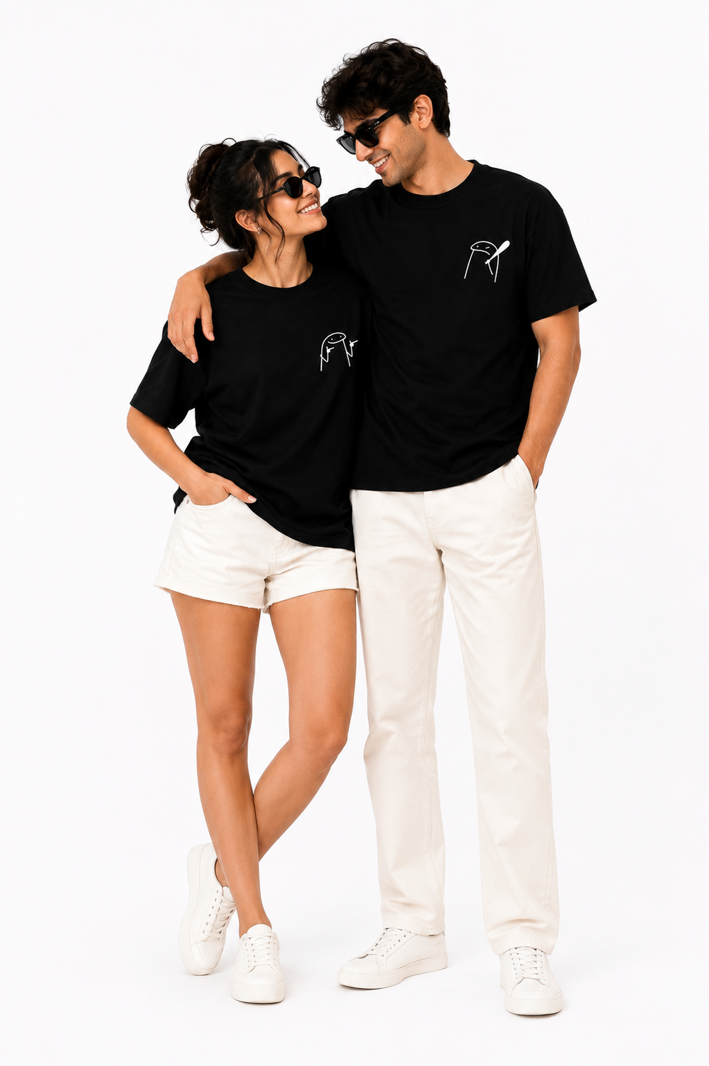 Unisex Black Couple Printed T-Shirt – Minimal Cartoon Graphic Tee