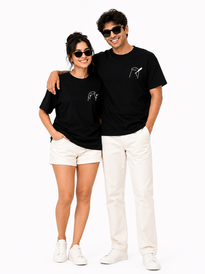 Unisex Black Couple Printed T-Shirt – Minimal Cartoon Graphic Tee