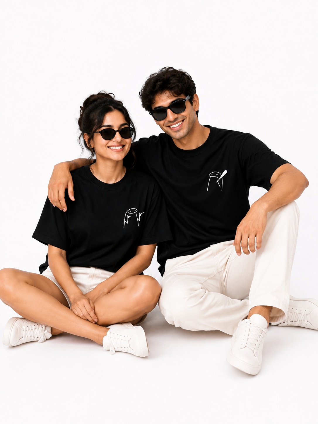Unisex Black Couple Printed T-Shirt – Minimal Cartoon Graphic Tee