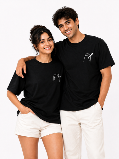 Unisex Black Couple Printed T-Shirt – Minimal Cartoon Graphic Tee