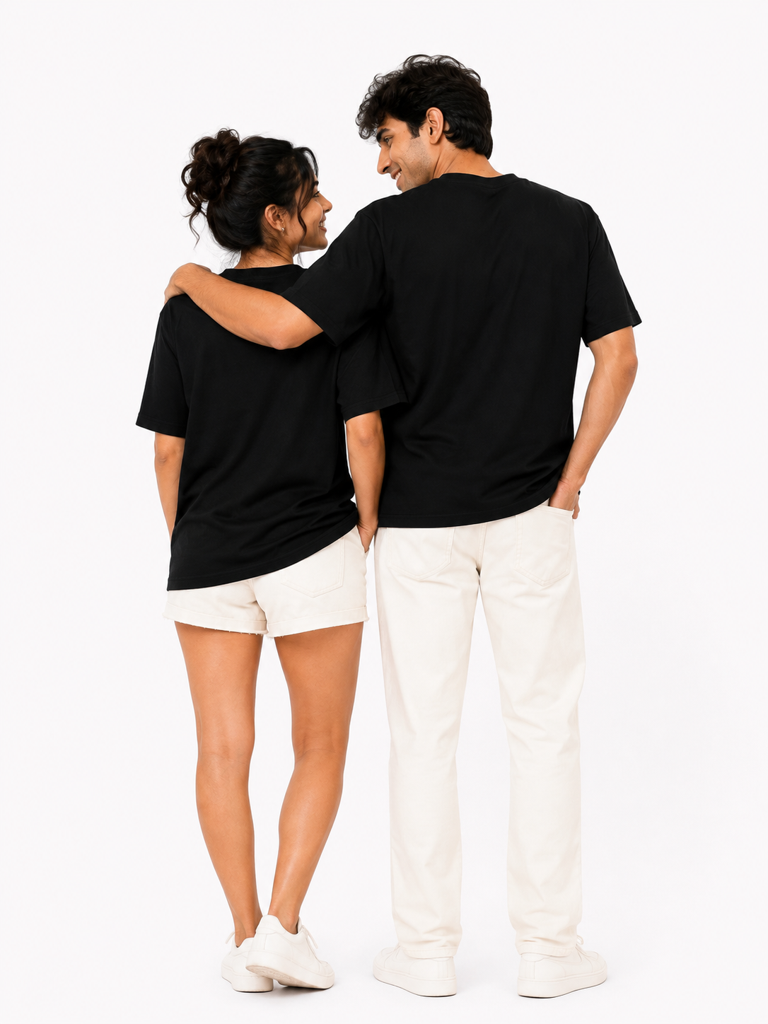 Unisex Black Couple Printed T-Shirt – Minimal Cartoon Graphic Tee