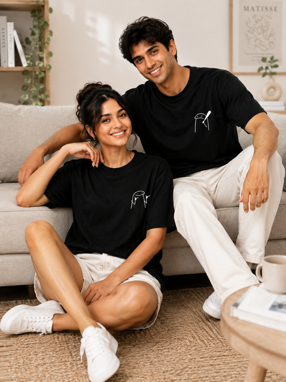Unisex Black Couple Printed T-Shirt – Minimal Cartoon Graphic Tee