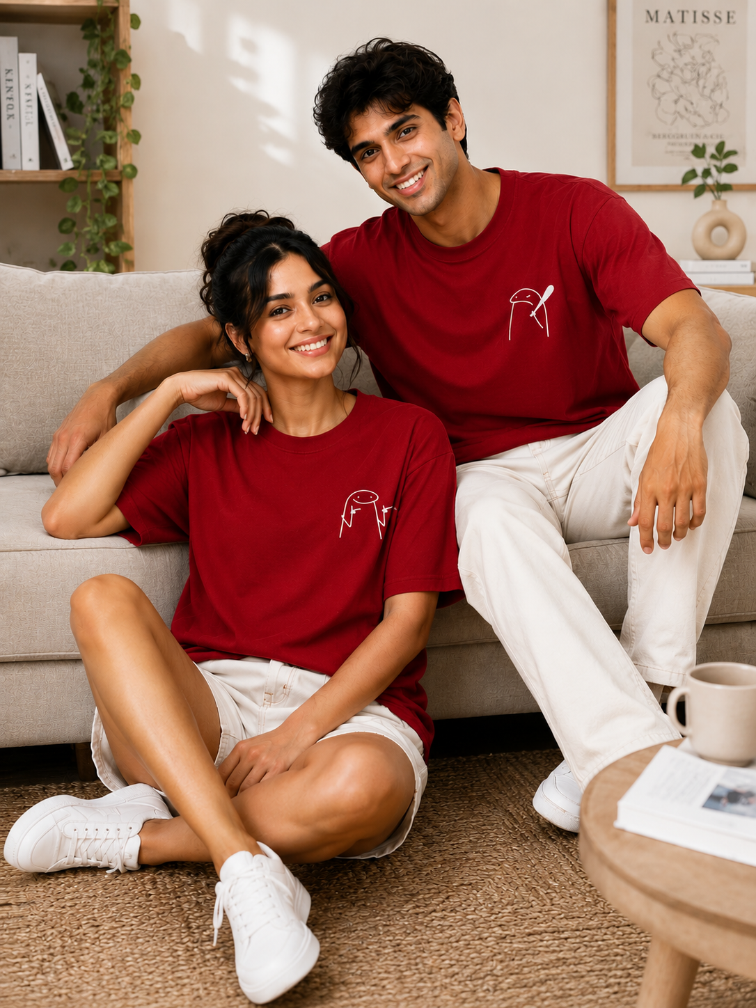 Unisex Black Couple Printed T-Shirt – Minimal Cartoon Graphic Tee