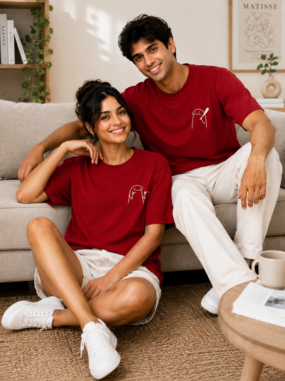 Unisex Black Couple Printed T-Shirt – Minimal Cartoon Graphic Tee