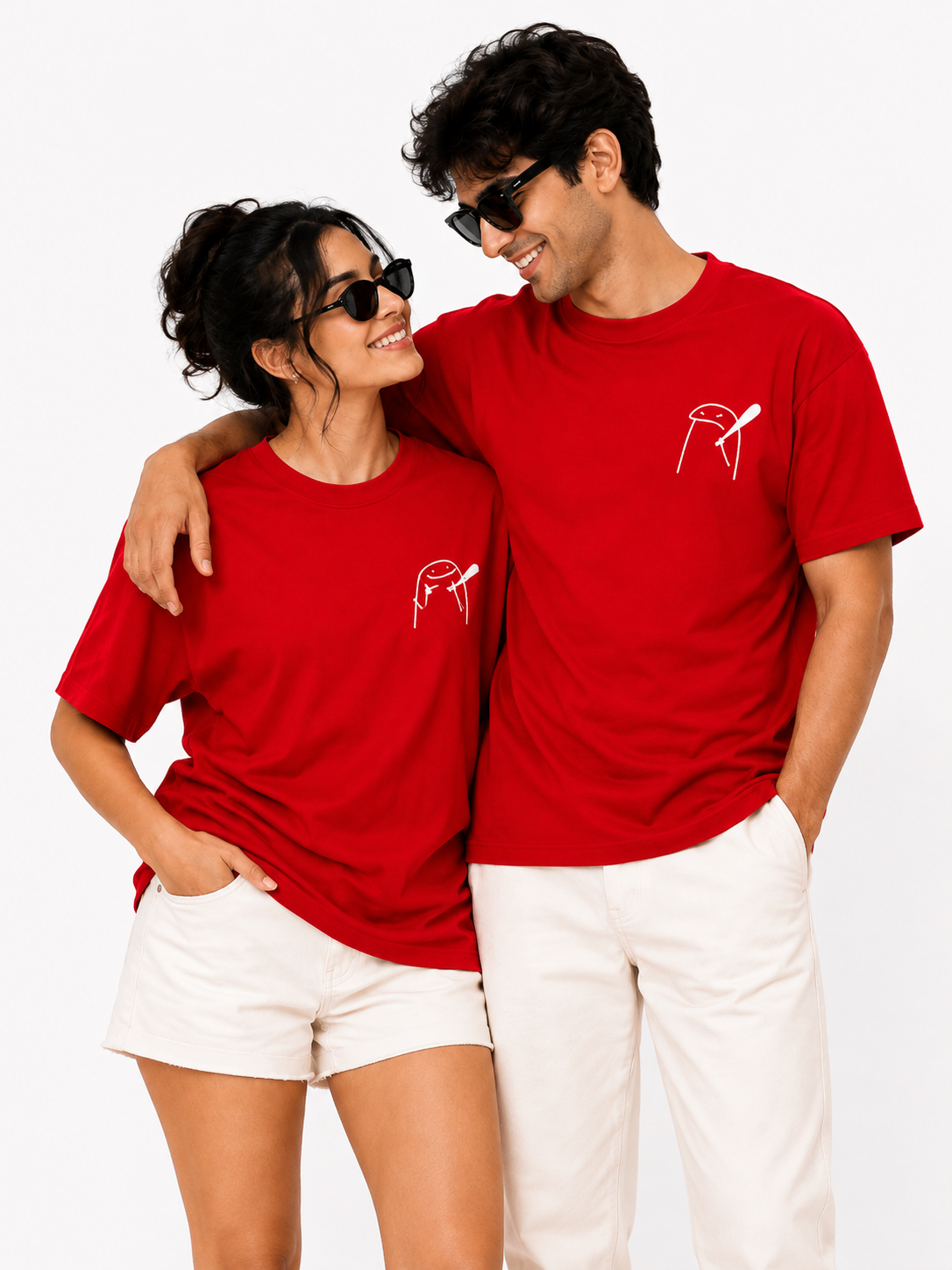 Unisex Black Couple Printed T-Shirt – Minimal Cartoon Graphic Tee