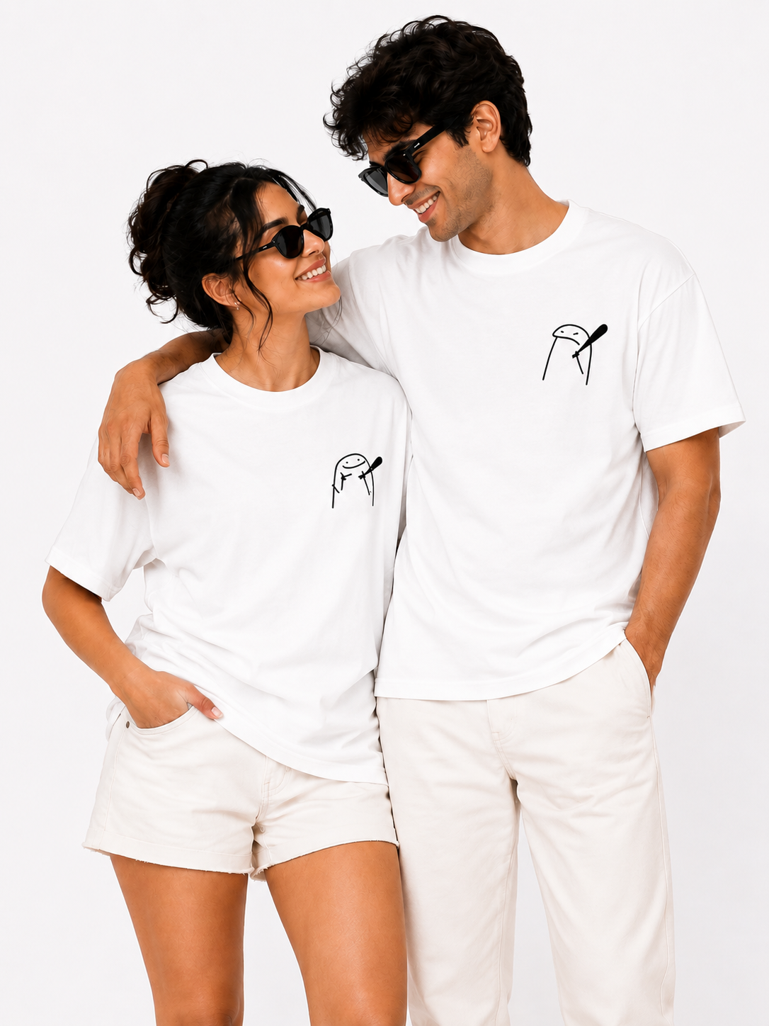 Unisex Black Couple Printed T-Shirt – Minimal Cartoon Graphic Tee