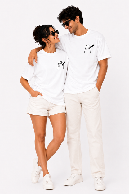 Unisex Black Couple Printed T-Shirt – Minimal Cartoon Graphic Tee