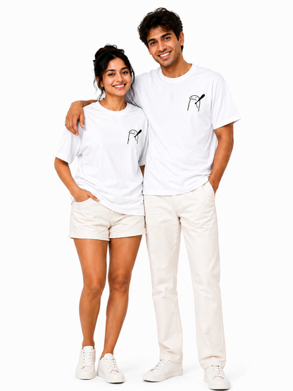 Unisex Black Couple Printed T-Shirt – Minimal Cartoon Graphic Tee