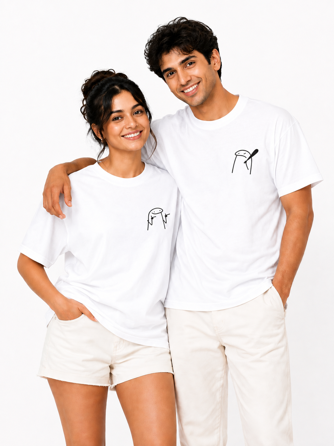 Unisex Black Couple Printed T-Shirt – Minimal Cartoon Graphic Tee