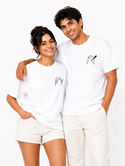 Unisex Black Couple Printed T-Shirt – Minimal Cartoon Graphic Tee