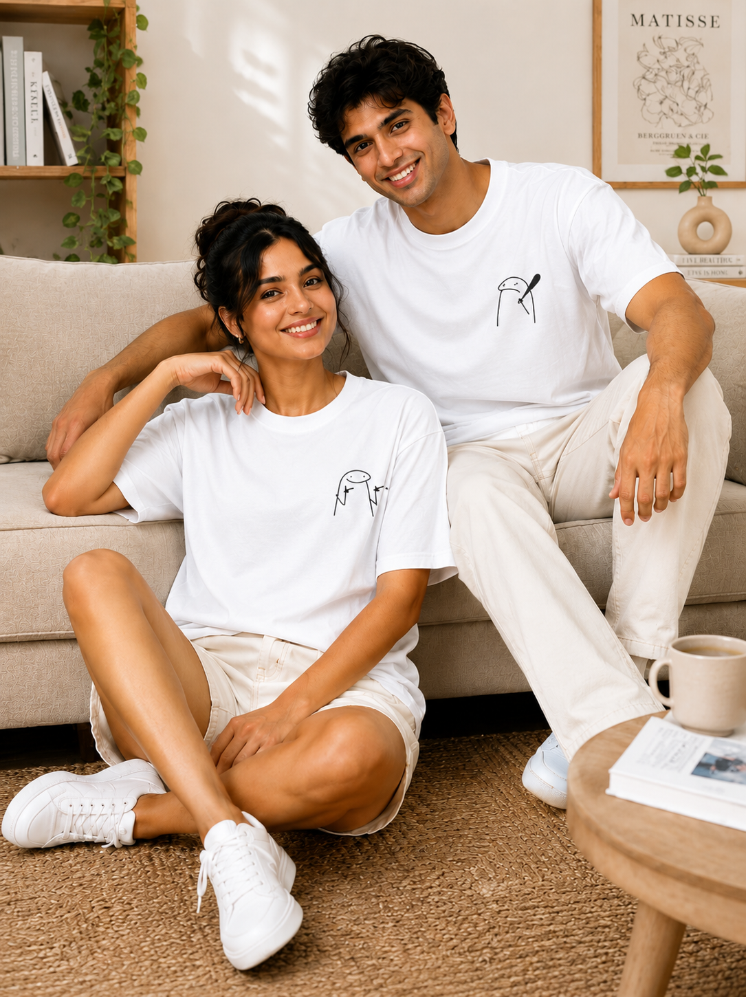 Unisex Black Couple Printed T-Shirt – Minimal Cartoon Graphic Tee