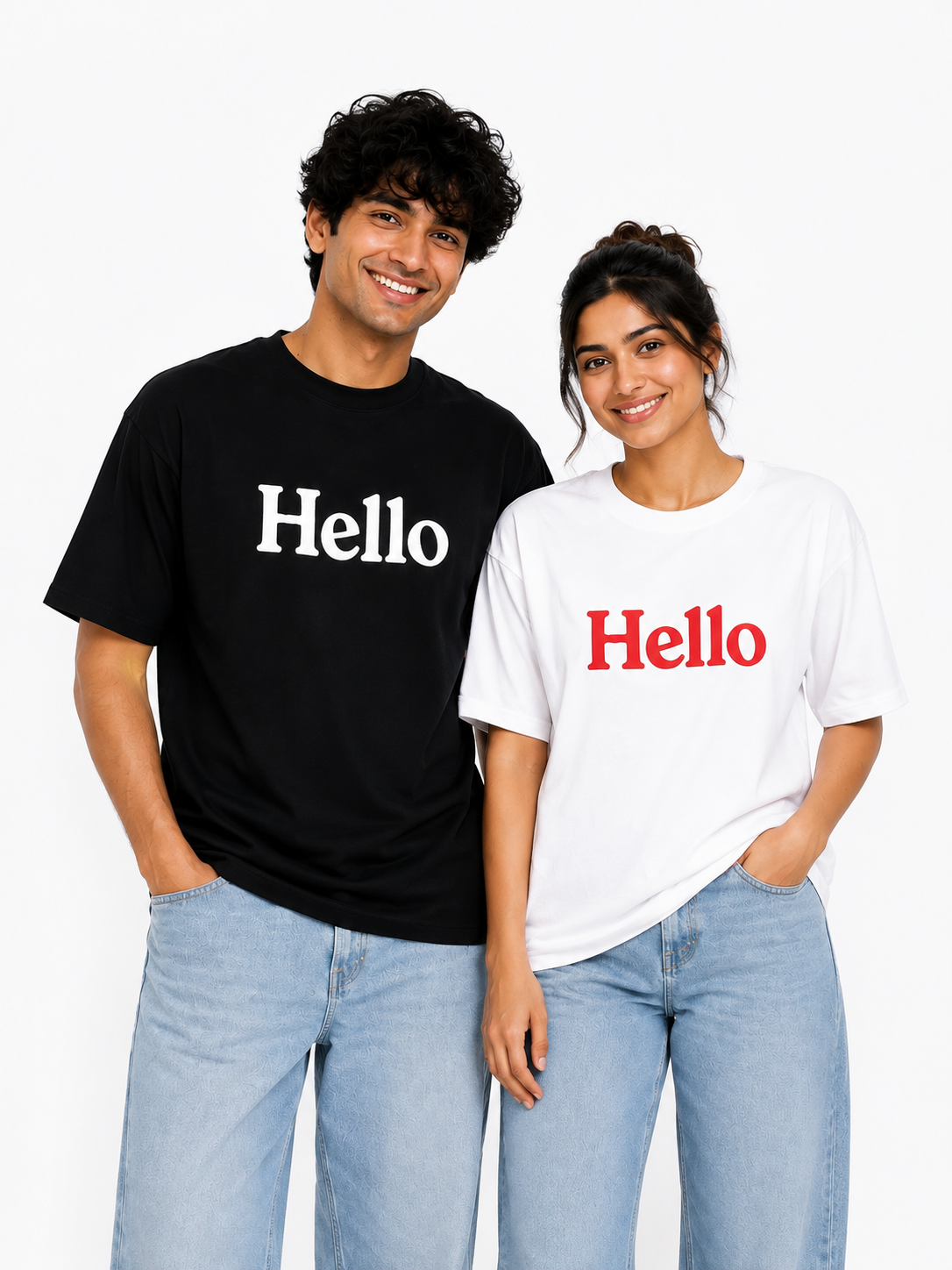 Matching Couple “Hello” Printed T-Shirts – Black & White Unisex Tees
