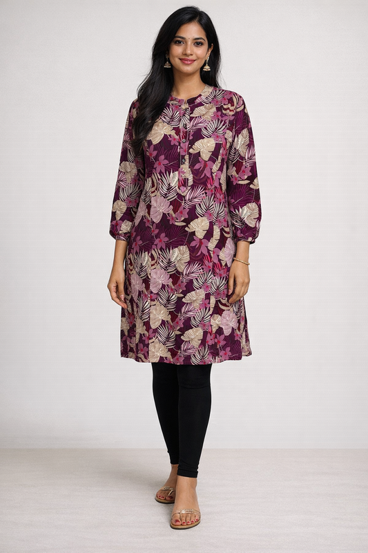 Wine Floral Printed A-Line Kurti for Women | Elegant Everyday Style by Pd Clori