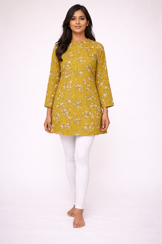 Mustard Floral Printed Straight Kurti for Women | Minimal Everyday Elegance by Pd Clori